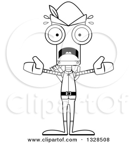 Lineart Clipart of a Cartoon Black and White Skinny Scared Robin Hood Robot - Royalty Free Outline Vector Illustration by Cory Thoman