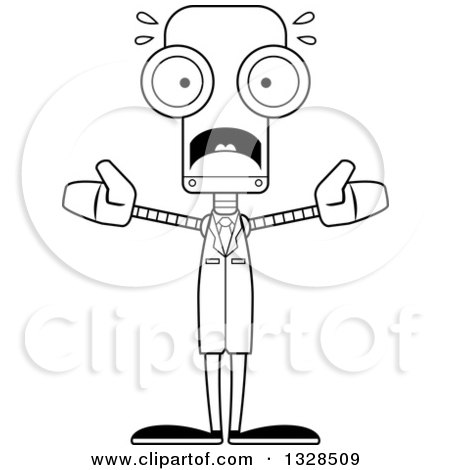 Lineart Clipart of a Cartoon Black and White Skinny Scared Robot Scientist - Royalty Free Outline Vector Illustration by Cory Thoman