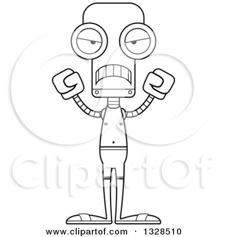 Lineart Clipart of a Cartoon Black and White Skinny Mad Robot Swimmer - Royalty Free Outline Vector Illustration by Cory Thoman