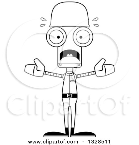 Lineart Clipart of a Cartoon Black and White Skinny Scared Soldier Robot - Royalty Free Outline Vector Illustration by Cory Thoman