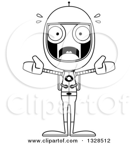 Lineart Clipart of a Cartoon Black and White Skinny Scared Astronaut Robot - Royalty Free Outline Vector Illustration by Cory Thoman