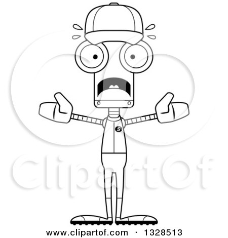 Lineart Clipart of a Cartoon Black and White Skinny Scared Baseball Robot - Royalty Free Outline Vector Illustration by Cory Thoman