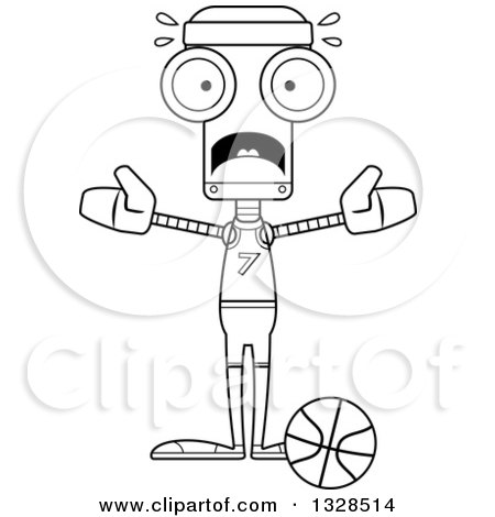 Lineart Clipart of a Cartoon Black and White Skinny Scared Robot Basketball Player - Royalty Free Outline Vector Illustration by Cory Thoman