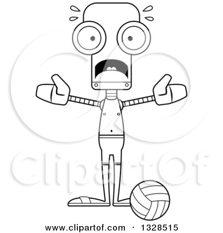 Lineart Clipart of a Cartoon Black and White Skinny Scared Robot Beach Volleyball Player - Royalty Free Outline Vector Illustration by Cory Thoman