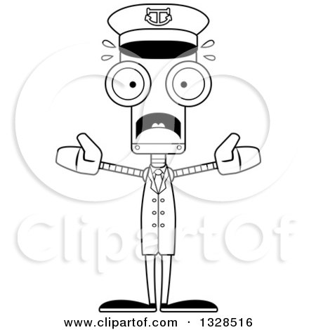 Lineart Clipart of a Cartoon Black and White Skinny Scared Robot Captain - Royalty Free Outline Vector Illustration by Cory Thoman