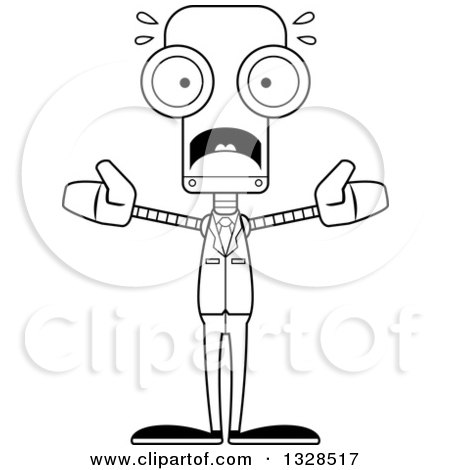 Lineart Clipart of a Cartoon Black and White Skinny Scared Business Robot - Royalty Free Outline Vector Illustration by Cory Thoman