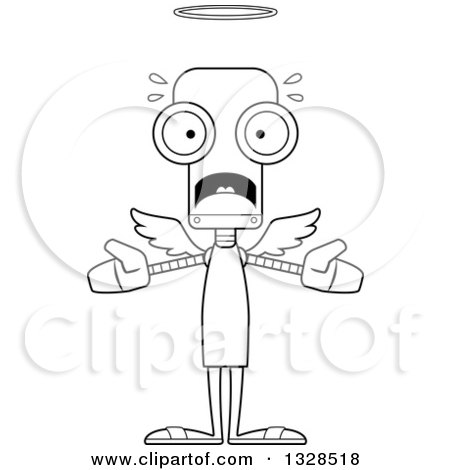 Lineart Clipart of a Cartoon Black and White Skinny Scared Angel Robot - Royalty Free Outline Vector Illustration by Cory Thoman
