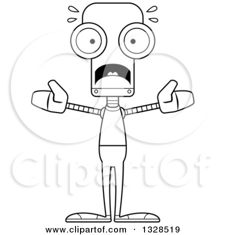 Lineart Clipart of a Cartoon Black and White Skinny Scared Casual Robot - Royalty Free Outline Vector Illustration by Cory Thoman