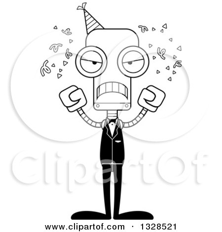 Lineart Clipart of a Cartoon Black and White Skinny Mad Party Robot - Royalty Free Outline Vector Illustration by Cory Thoman