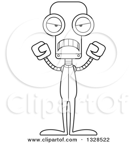 Lineart Clipart of a Cartoon Black and White Skinny Mad Robot in Pjs - Royalty Free Outline Vector Illustration by Cory Thoman