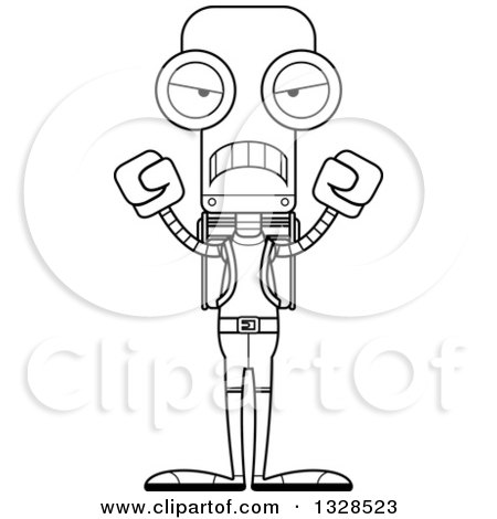 Lineart Clipart of a Cartoon Black and White Skinny Mad Robot Hiker - Royalty Free Outline Vector Illustration by Cory Thoman