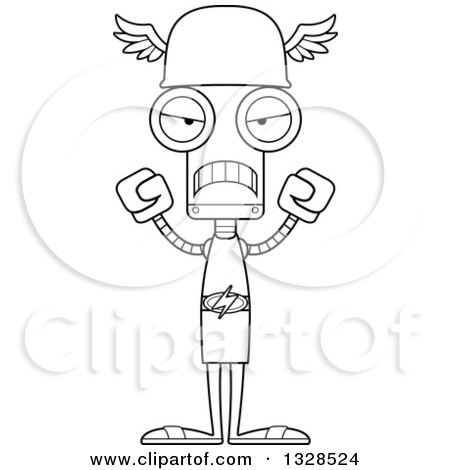 Lineart Clipart of a Cartoon Black and White Skinny Mad Robot Hermes - Royalty Free Outline Vector Illustration by Cory Thoman