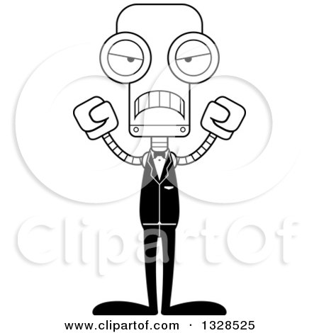 Lineart Clipart of a Cartoon Black and White Skinny Mad Robot Groom - Royalty Free Outline Vector Illustration by Cory Thoman