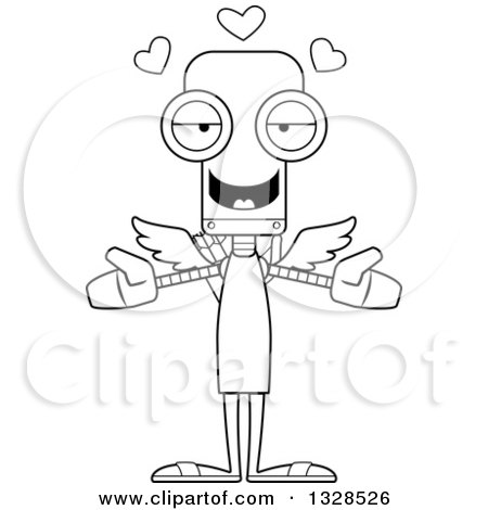 Lineart Clipart of a Cartoon Black and White Skinny Robot Cupid with Open Arms and Hearts - Royalty Free Outline Vector Illustration by Cory Thoman