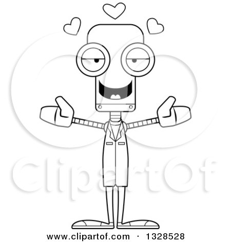 Lineart Clipart of a Cartoon Black and White Skinny Robot Doctor with Open Arms and Hearts - Royalty Free Outline Vector Illustration by Cory Thoman