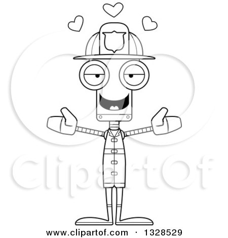 Lineart Clipart of a Cartoon Black and White Skinny Robot Firefighter with Open Arms and Hearts - Royalty Free Outline Vector Illustration by Cory Thoman