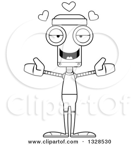Lineart Clipart of a Cartoon Black and White Skinny Fit Robot with Open Arms and Hearts - Royalty Free Outline Vector Illustration by Cory Thoman