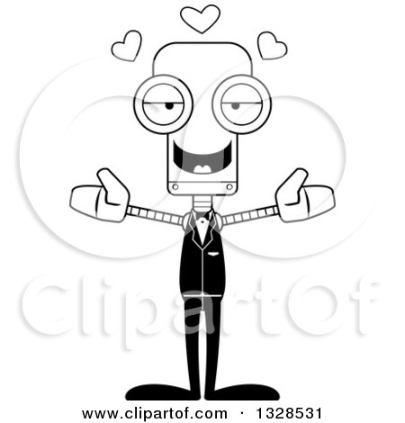 Lineart Clipart of a Cartoon Black and White Skinny Groom Robot with Open Arms and Hearts - Royalty Free Outline Vector Illustration by Cory Thoman