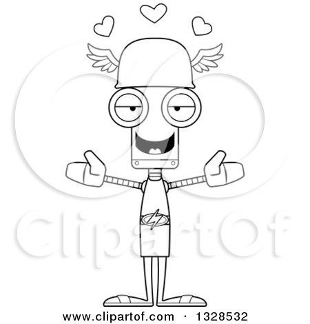 Lineart Clipart of a Cartoon Black and White Skinny Hermes Robot with Open Arms and Hearts - Royalty Free Outline Vector Illustration by Cory Thoman