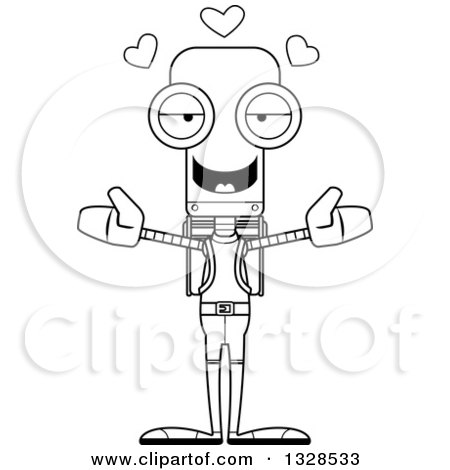 Lineart Clipart of a Cartoon Black and White Skinny Hiker Robot with Open Arms and Hearts - Royalty Free Outline Vector Illustration by Cory Thoman