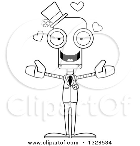 Lineart Clipart of a Cartoon Black and White Skinny Irish St Patricks Day Robot with Open Arms and Hearts - Royalty Free Outline Vector Illustration by Cory Thoman