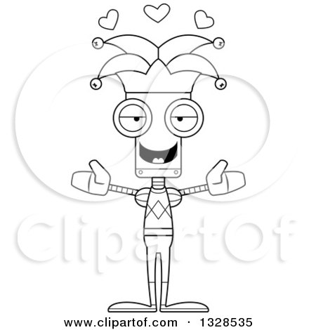 Lineart Clipart of a Cartoon Black and White Skinny Jester Robot with Open Arms and Hearts - Royalty Free Outline Vector Illustration by Cory Thoman