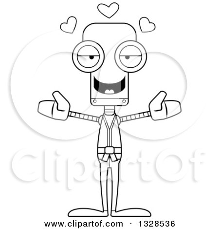 Lineart Clipart of a Cartoon Black and White Skinny Karate Robot with Open Arms and Hearts - Royalty Free Outline Vector Illustration by Cory Thoman