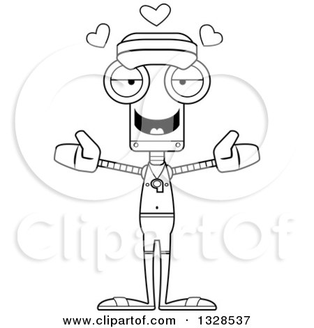 Lineart Clipart of a Cartoon Black and White Skinny Robot Lifeguard with Open Arms and Hearts - Royalty Free Outline Vector Illustration by Cory Thoman