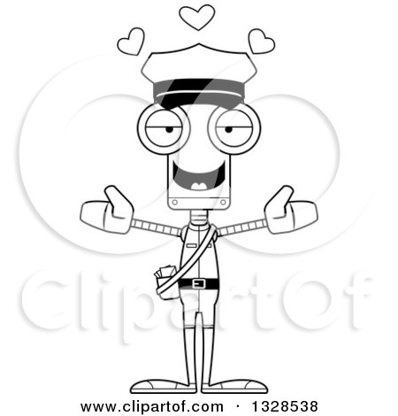Lineart Clipart of a Cartoon Black and White Skinny Mailman Robot with Open Arms and Hearts - Royalty Free Outline Vector Illustration by Cory Thoman