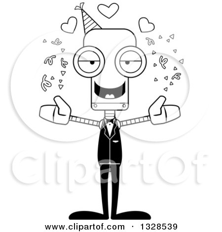 Lineart Clipart of a Cartoon Black and White Skinny Party Robot with Open Arms and Hearts - Royalty Free Outline Vector Illustration by Cory Thoman