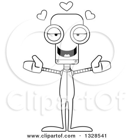 Lineart Clipart of a Cartoon Black and White Skinny Robot in Pajamas, with Open Arms and Hearts - Royalty Free Outline Vector Illustration by Cory Thoman