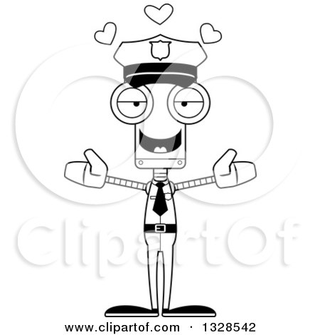 Lineart Clipart of a Cartoon Black and White Skinny Police Officer Robot with Open Arms and Hearts - Royalty Free Outline Vector Illustration by Cory Thoman