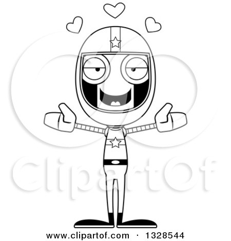 Lineart Clipart of a Cartoon Black and White Skinny Race Car Driver Robot with Open Arms and Hearts - Royalty Free Outline Vector Illustration by Cory Thoman
