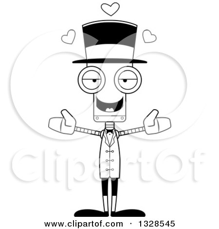 Lineart Clipart of a Cartoon Black and White Skinny Circus Ringmaster Robot with Open Arms and Hearts - Royalty Free Outline Vector Illustration by Cory Thoman