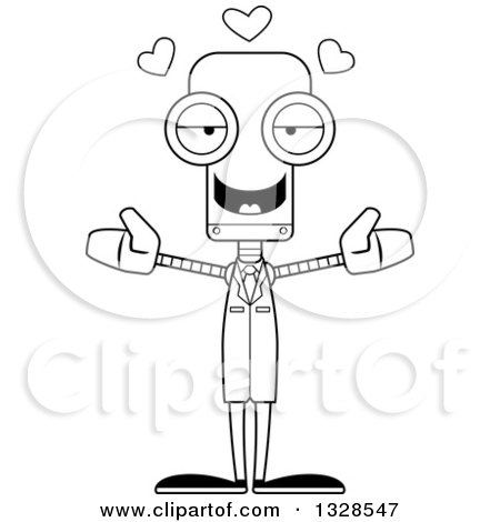 Lineart Clipart of a Cartoon Black and White Skinny Robot Scientist with Open Arms and Hearts - Royalty Free Outline Vector Illustration by Cory Thoman