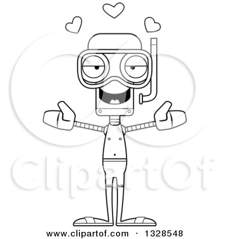Lineart Clipart of a Cartoon Black and White Skinny Snorkel Robot with Open Arms and Hearts - Royalty Free Outline Vector Illustration by Cory Thoman