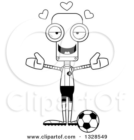 Lineart Clipart of a Cartoon Black and White Skinny Soccer Robot with Open Arms and Hearts - Royalty Free Outline Vector Illustration by Cory Thoman