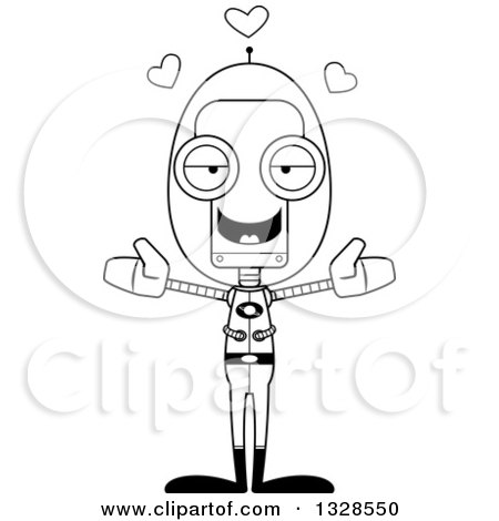 Lineart Clipart of a Cartoon Black and White Skinny Futuristic Space Robot with Open Arms and Hearts - Royalty Free Outline Vector Illustration by Cory Thoman