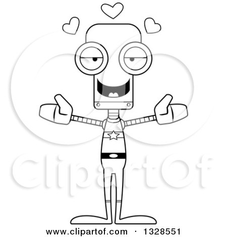 Lineart Clipart of a Cartoon Black and White Skinny Super Hero Robot with Open Arms and Hearts - Royalty Free Outline Vector Illustration by Cory Thoman
