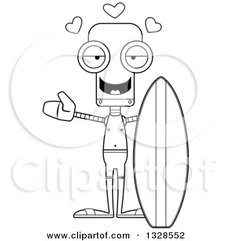 Lineart Clipart of a Cartoon Black and White Skinny Surfer Robot with Open Arms and Hearts - Royalty Free Outline Vector Illustration by Cory Thoman