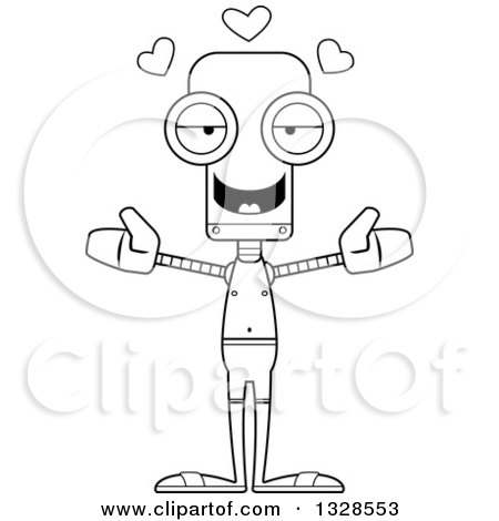 Lineart Clipart of a Cartoon Black and White Skinny Swimmer Robot with Open Arms and Hearts - Royalty Free Outline Vector Illustration by Cory Thoman