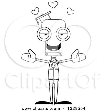 Lineart Clipart of a Cartoon Black and White Skinny Professor Robot with Open Arms and Hearts - Royalty Free Outline Vector Illustration by Cory Thoman