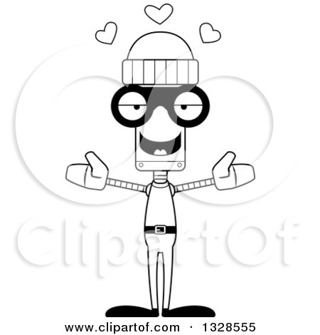 Lineart Clipart of a Cartoon Black and White Skinny Robber Robot with Open Arms and Hearts - Royalty Free Outline Vector Illustration by Cory Thoman