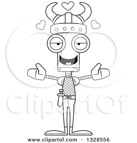 Lineart Clipart of a Cartoon Black and White Skinny Viking Robot with Open Arms and Hearts - Royalty Free Outline Vector Illustration by Cory Thoman