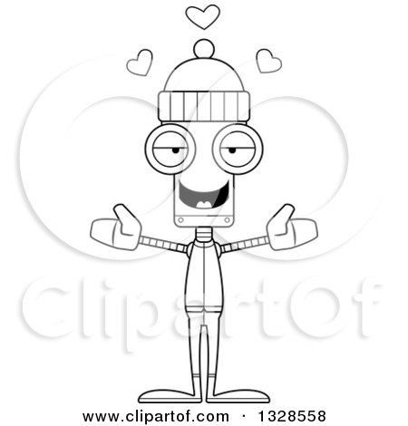 Lineart Clipart of a Cartoon Black and White Skinny Winter Robot with Open Arms and Hearts - Royalty Free Outline Vector Illustration by Cory Thoman