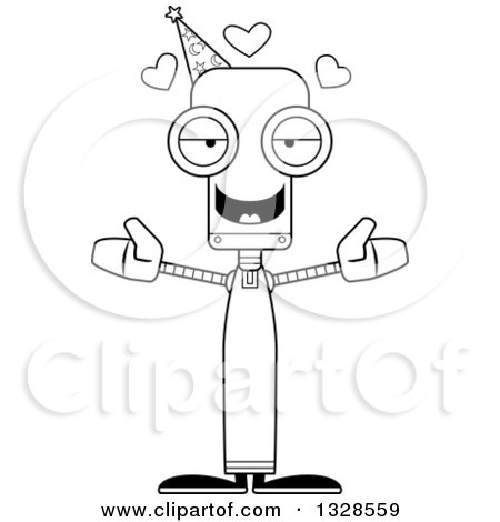 Lineart Clipart of a Cartoon Black and White Skinny Wizard Robot with Open Arms and Hearts - Royalty Free Outline Vector Illustration by Cory Thoman