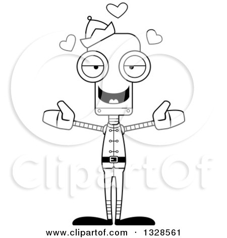 Lineart Clipart of a Cartoon Black and White Skinny Christmas Elf Robot with Open Arms and Hearts - Royalty Free Outline Vector Illustration by Cory Thoman