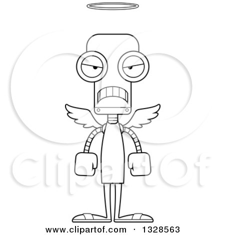 Lineart Clipart of a Cartoon Black and White Skinny Mad Angel Robot - Royalty Free Outline Vector Illustration by Cory Thoman