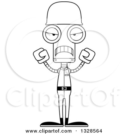 Lineart Clipart of a Cartoon Black and White Skinny Mad Soldier Robot - Royalty Free Outline Vector Illustration by Cory Thoman