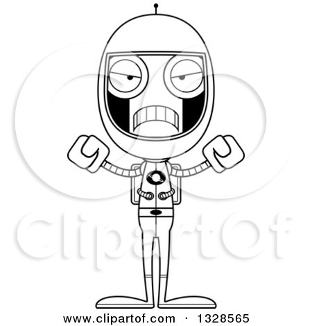 Lineart Clipart of a Cartoon Black and White Skinny Mad Astronaut Robot - Royalty Free Outline Vector Illustration by Cory Thoman